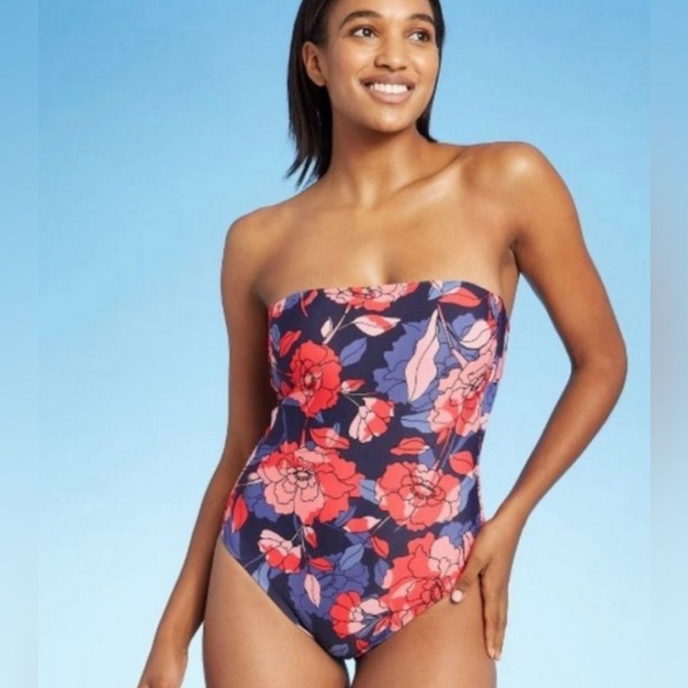 Kona Sol One Piece Strapless Swimsuit  Pink Floral Print Tie Up Back Sz M